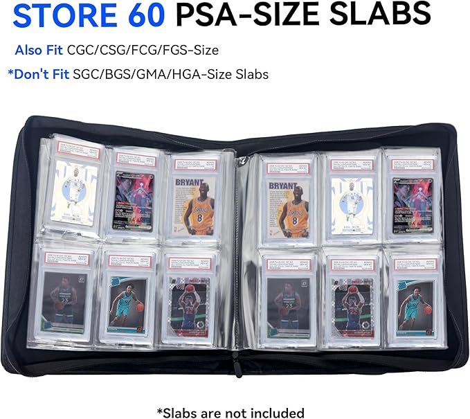 Graded Card Binder, Holds 60 PSA Slabs, 6 Pocket Slab Binder for PSA CGC CSG Slabs, Premium Ringless Zipper Card Collection Album,gray-black