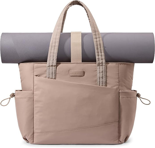 LOVEVOOK Gym Tote Bag for Women, Puffy Yoga Mat Bag with Large Cup Holder & Wet Pocket, Work Nurse Bag for Travel Workout