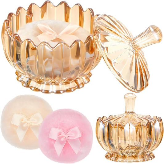 Tioncy 3 Pcs Large Body Powder Puff and Container Valentine's Day gift Powder Container with Puff Crystal Case Soft Washable Reusable Velour Face Body Glitter Wet Dry Makeup(Scalloped,Amber)