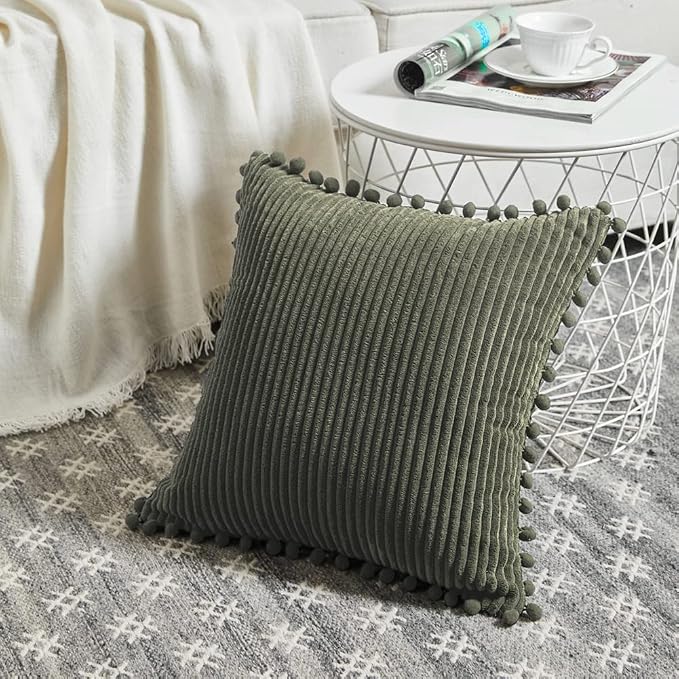 Fancy Homi 2 Pack Olive Green Small Decorative Throw Pillow Covers 14x14 Inch with Pom-poms for Couch Bedroom, Soft Corduroy Solid Rectangle Cushion Case 35x35 cm, Farmhouse Boho Home Décor