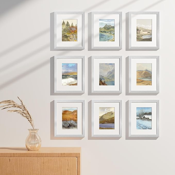 Vittanly 8x10 Picture Frames Set of 9 for Wall or Tabletop Display, Silver | Display Pictures 5x7 with Mat or 8x10 without Mat, Small Photo Frames, Engineered Wood with Shatter Resistant Plexiglass