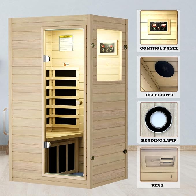 Kanlanth 1 Person Infrared Sauna - Premium European Aspen Wood, 905W Energy Efficient, Low EMF Indoor Sauna, Bluetooth Speakers, Compact Home Spa for Small Spaces, 36.6"x29.3"x63", Right Door