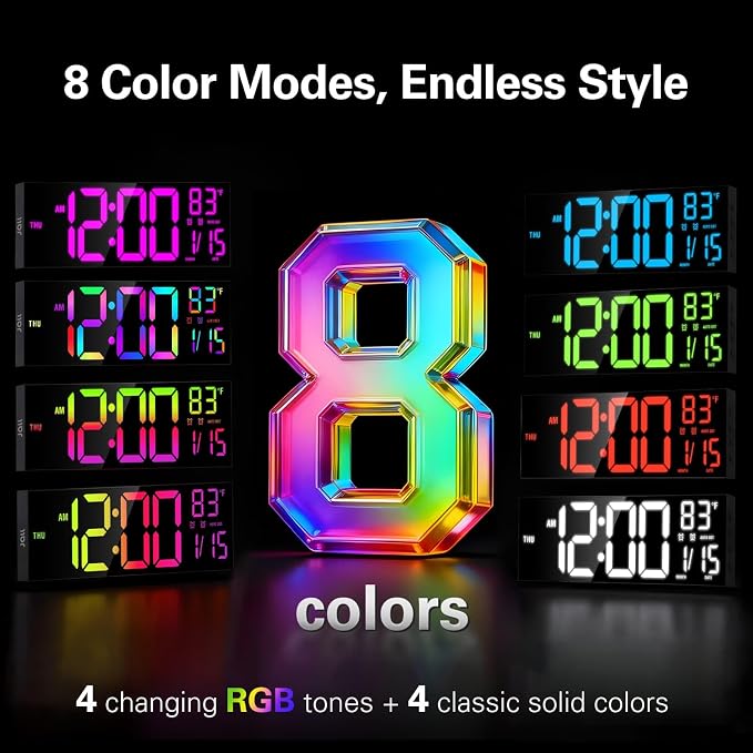 JALL 16" Large Digital Wall Clock with RGB Colors, Wall Clock for Living Room Classroom, Digital Clock with Temperature Timer, Classroom Decor for Teacher and School (Black, 16 inches)