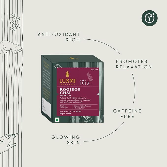 Luxmi Estates Rooibos Chai Herbal Tea, 25 Biodegradable Pyramid Tea Bags (50g, 1.76oz) | South African Rooibos with Indian Chai Spices - Cardamom, Cinnamon, Ginger & Cloves | Caffeine-Free Chai Alternative, Vegan