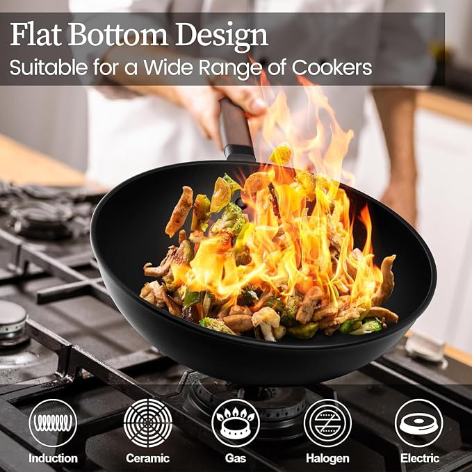 Todlabe Carbon Steel Wok, 13-Inch, Pre-Seasoned, Non-Stick, with Lid and Spatula, Flat Bottom, Ideal for Stovetop Cooking
