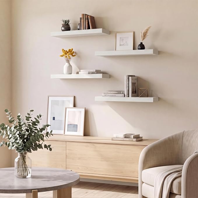 Fixwal White Shelves for Wall, 15.7in Rustic Wood Finish Floating Wall Shelves Set of 4, Shelves for Wall Decor, with Invisible Brackets for Bathroom, Living Room,Bedroom and Kitchen