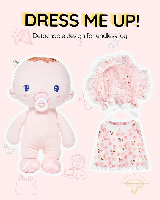 LeyaDoll Soft Baby Doll Gift Set - First Baby Doll Accessories Plush Rag Sleeping Cuddle Buddy Doll Toy Mini Pink Set for Kids Girls (9'') - Cherry Baby