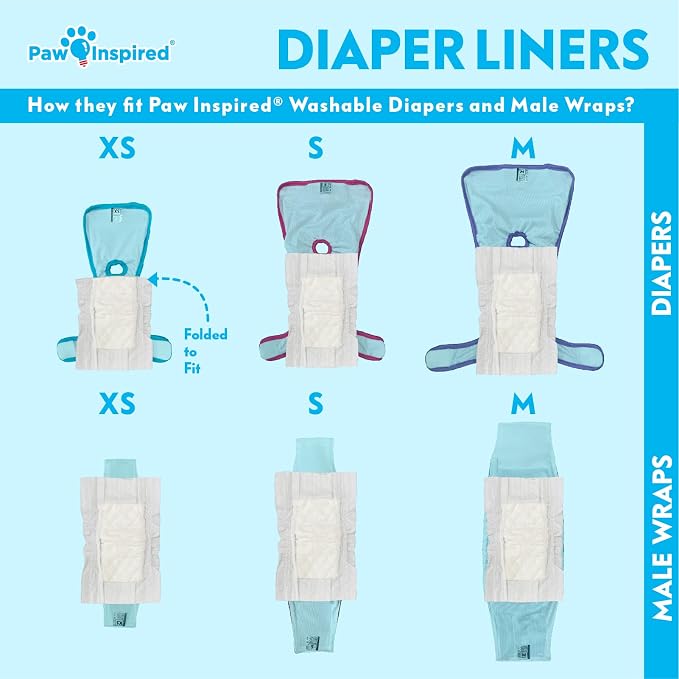 Paw Inspired Disposable Leakproof Dog Diaper Liners, 30 Pack | Super Absorbent Inserts for Reusable Washable Male & Female Dog Diapers & Belly Bands, Waterproof Backing