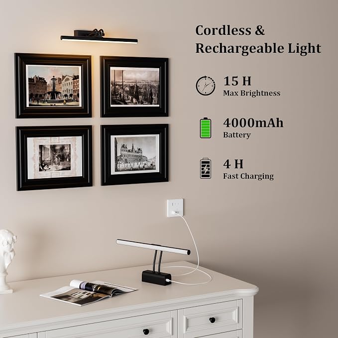 Battery Operated Wall Light, 13.8'', Set of 2, Black, Remote Control | 4000mAh Cordless, Wall Light, Magnetic for Easy to Charge,Timers, Display for Gallery Living Room Bedroom