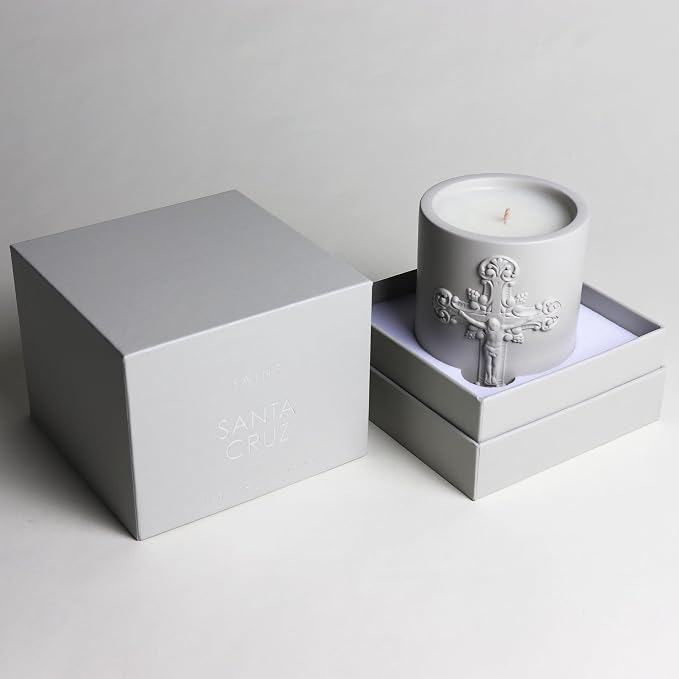 SAINT Santa Cruz Scented Candle with Prayer and Prayer Coin | Nadu Sandalwood in Decorative, Concrete Jar - Soy Coconut Aromatherapy Candle with 80 Hour Burn Time, Special Edition