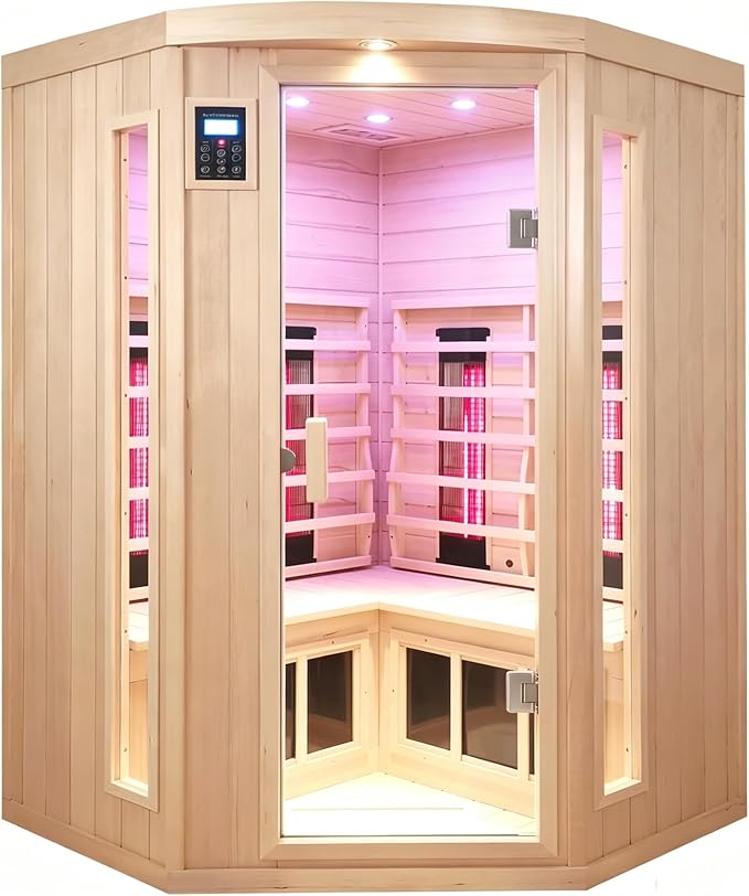 Ceramic Infrared Sauna, 2-3 Person Home Sauna, Canadian Hemlock Indoor Corner Sauna Spa, Wooden Sauna Room, 5 Low EMF Heaters + 4 Ceramic Tubes, Bluetooth Speakers, Chromotherapy Lights
