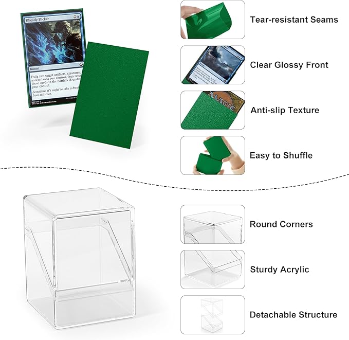 YSCare 2 Pack Card Deck Boxes, Deck Case with 200Pcs Card Sleeves and Dividers, Standard Clear Commander Cards Storage Box Fit for MTG, Sport, Trading Cards (Dark Green)