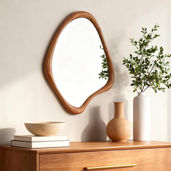Asymmetrical Mirror, Irregular Wall Mirror, Wall Mirrors Decorative for Bedroom Living Room Entryway Hall, Wood Mirror for mid Century Modern Decor 29" H x 23" W