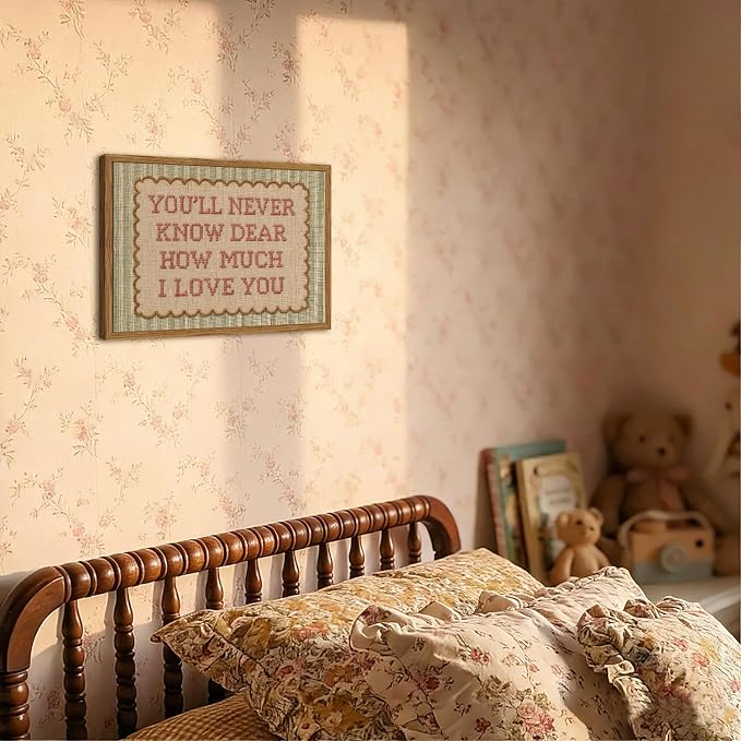 Framed You'll Never Know Dear How Much I Love You Wall Art, Vintage Nursery Pink Green Striped Pictures Wall Decor, Inspirational Quote Paintings Canvas Prints for Girl Bedroom Living Room 16x24 inch