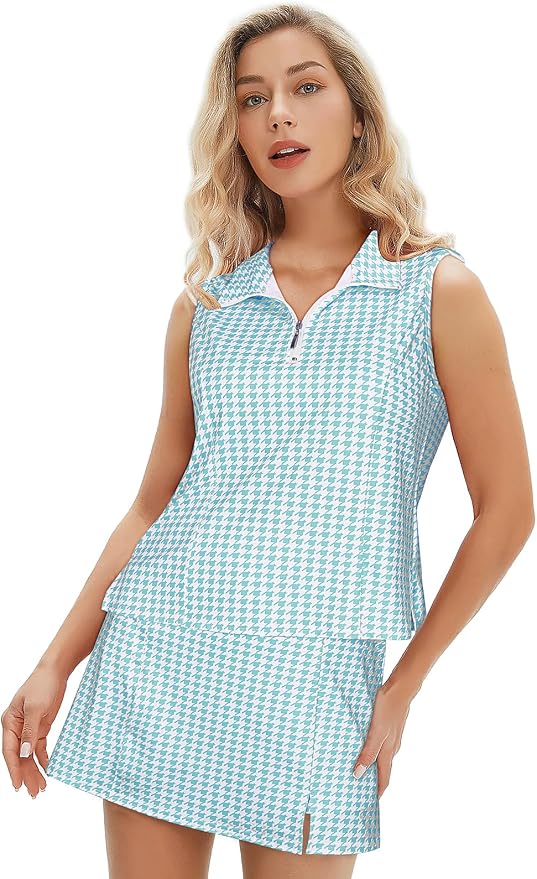 Koscacy Women's Tennis Skort Set Zip Up Tank Top 2 Piece Summer Outfit