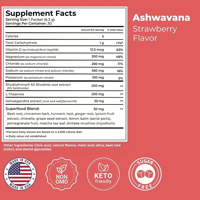 ASHWAVANA Zen Relax Drink Mix - Nootropic, Adaptogen-Infused Ashwagandha Beverage - Rhodiola, Magnesium, L-Theanine - Restore & Unwind - Alcohol Alternative - Strawberry Flavor - 60 Count (Pack of 2)