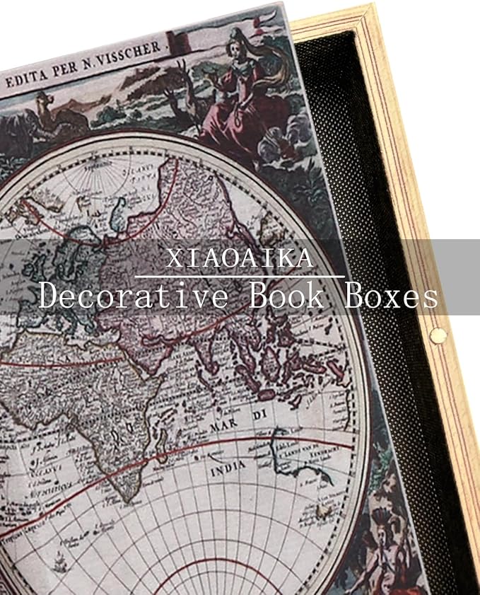 Decorative Wooden Book Box Set of 2 - Vintage Faux Book Boxes for Home Decor, Secret Storage with Magnetic Closure, Antique Style, Map Pattern Leather Cover Design, Perfect for Home Office Bookshelf