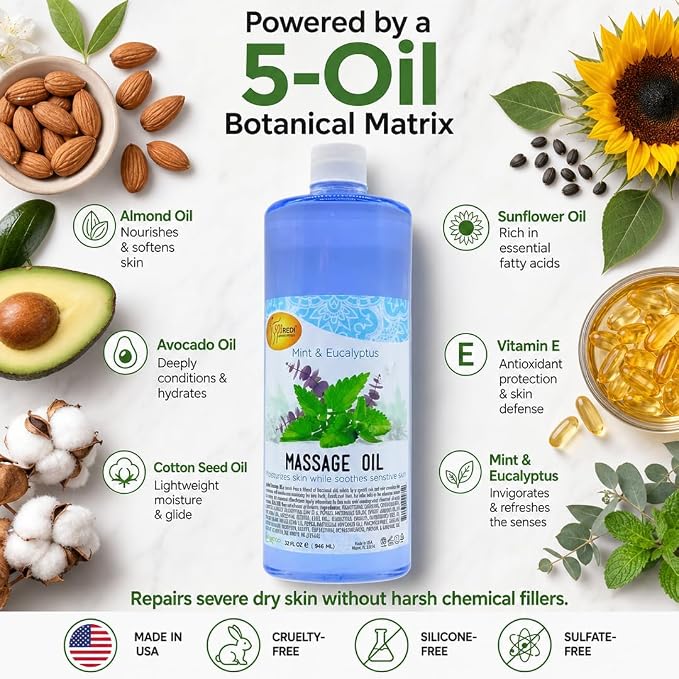 SPA REDI Mint Eucalyptus Professional Massage Oil – 5-Oil Botanical Blend for Deep Tissue Relief & Dry Skin | Vitamin E, Almond, Avocado & Sunflower Oils | Cruelty-Free, Sulfate-Free | 32 oz
