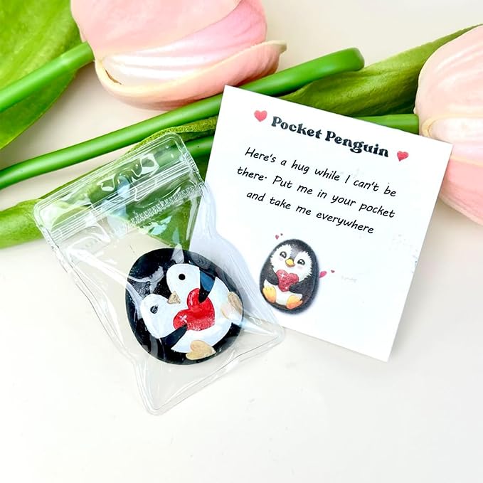 Handmade Pocket Penguin Pebble – Pocket Hug Mini Gift – Cute Hand-Painted Affirmation Token with Card – Long Distance Hug, Encouragement for Friends, Kids, or Anxiety Relief for Boyfriend, Girlfriend, Couples (Penguin Hug)