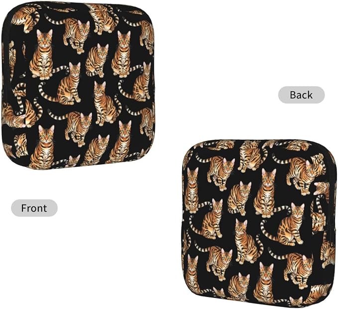 Menstrual Pad Pouch Watercolor Tiger Stripe Cat, Reusable Feminine Hygiene Bag with Zipper, Compact for Ladies On the Go