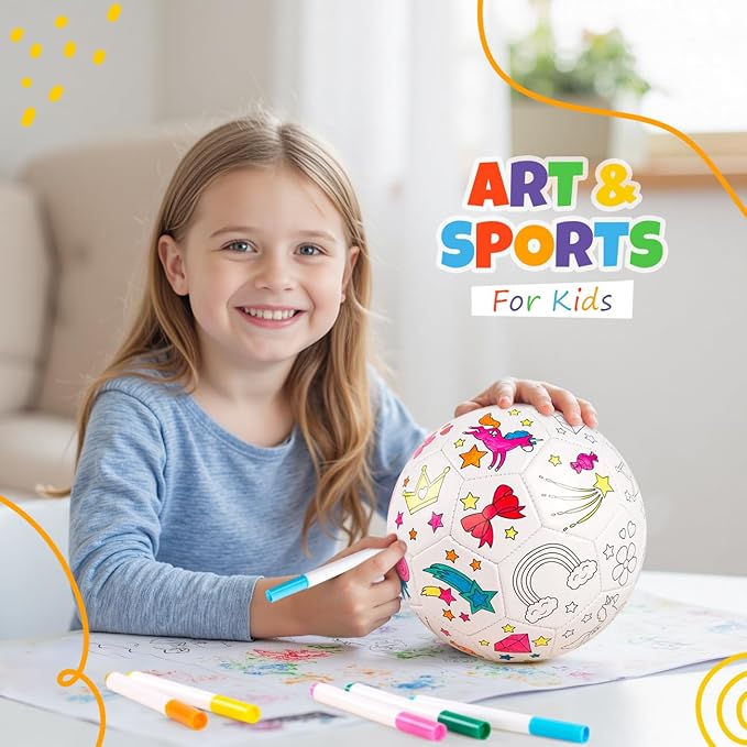 EVERICH TOY Paint Your Own Soccer Ball with Markers, Toddler Arts and Crafts Soccer Gifts, Kids Soccer Ball Size 3 Unicorn Toys for Girls Boys, Sports Drawing DIY Design Color Play Ball Game with Pump