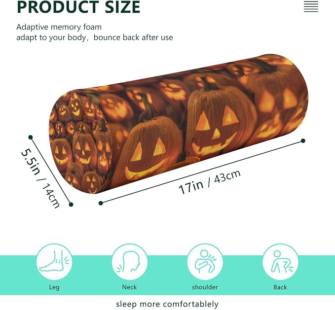Orange Cute Halloween Pumpkin Lanterns Neck Roll Pillow Bolster Round Health Memory Foam Long Cervical Cylinder Pillows with Removable Washable Cover for Body Bed Legs Back Yoga