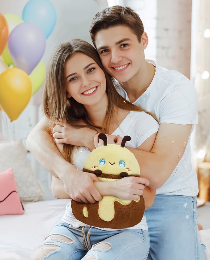OLAOLA Cute Bee Plush Pillow, Soft Honeybee Stuffed Animals, 11.8 Inch Plushie Toy with 2 Small Bees for Kids Adults