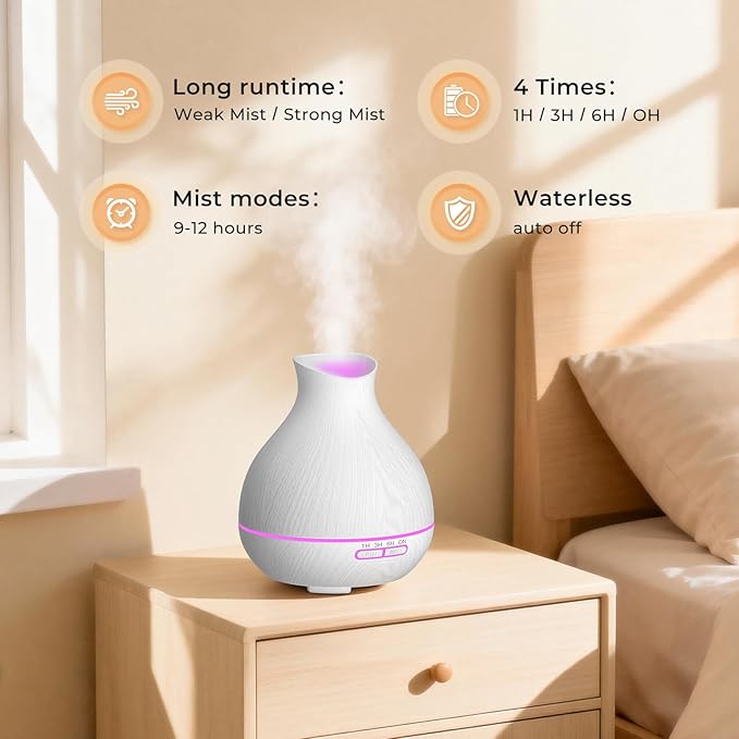 Aromatherapy Essential Oil Diffuser 550ml 12 Hours White Wood Grain Aroma Diffuser with Timer for Large Room, Home, Baby Bedroom, Waterless Auto Shut-Off, 7 Colors Lights Changing