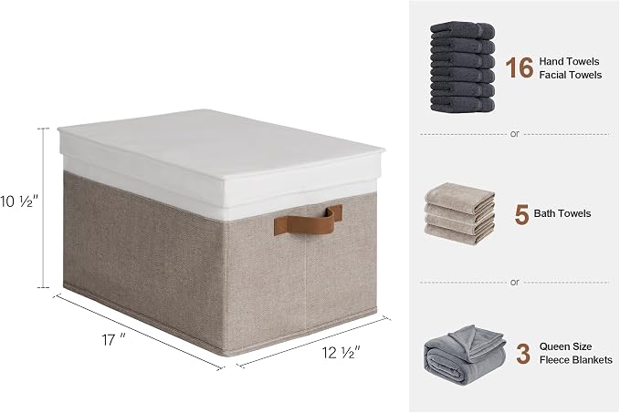 StorageWorks Fabric Storage Bins with Lids, Closet Storage Bins | Lidded Dust-proof, Easy Pull Handles, Foldable, Stackable, Ideal for Clothes Blanket Towel, Jumbo, Brown and White, 3-Pack