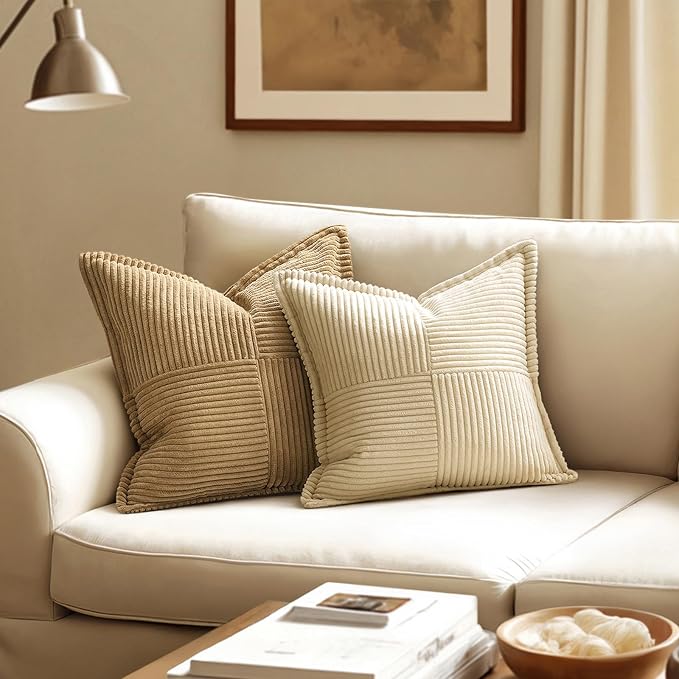 MIULEE Decorative Throw Pillow Covers for Couch 16x16 Inch Cream 2 Pack | Boho Broadside Striped Patchwork Pillow Covers, Soft Corduroy Cushion Cases, For Sofa Bed Livingroom Home Decor