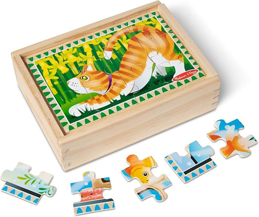 Melissa & Doug 4‑in‑1 Wooden Pets Jigsaw Puzzle Set, 48 Pieces with Storage Box, Toddler Puzzle Toy for Kids Ages 3+ - FSC Certified