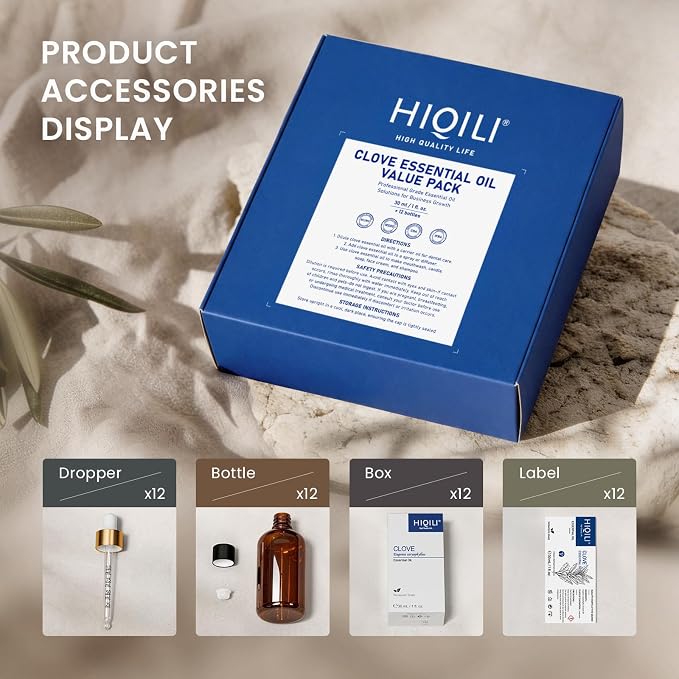 HIQILI Clove Essential Oil Set – 1 fl oz (12 Pack), with Stable Quality, Bulk Pack for Business, Ideal for Oral Care & Aromatherapy, Hotel, DIY Studio, Holiday Gifts & Home Use