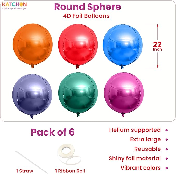 KatchOn, Multicolor 4D Foil Balloons, 22 Inch – Pack of 6 | Round Foil Balloons for Christmas Decorations, Wedding, Birthday Party, Baby Shower Decorations, Winter Party, New Year Décor