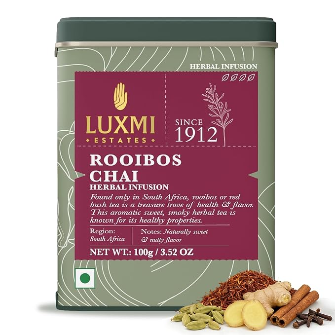Luxmi Estates - Rooibos Chai - Rooibos Tea with Spices - Loose Leaf - 100g, 3.52 Oz (50 Cups), Limited Fall Tea with Cinnamon, Cardamom and Clove, Perfect for Relaxation