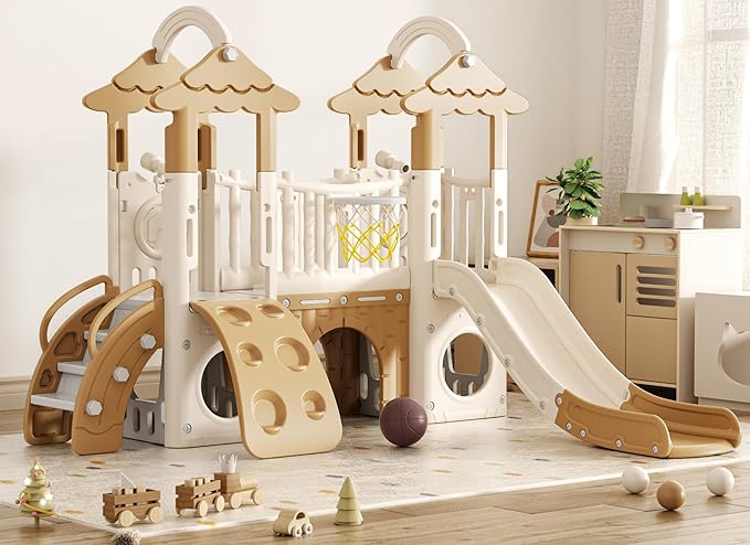 YUFU 9 in 1 Toddler Slide, Kids Slide with Double Climbers, Basketball Hoop, Tunnel and Storage Space, Indoor Outdoor Playset for Toddlers Age 1-3 (Brown)