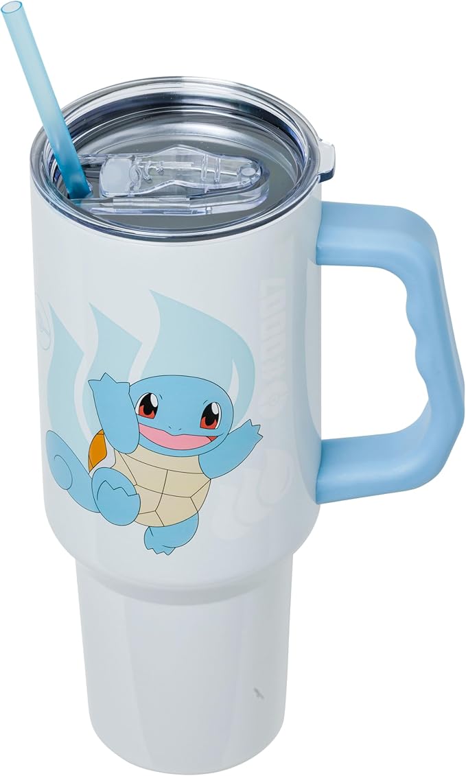 Silver Buffalo Pokémon Stainless Steel Tumbler with Handle Featuring Squirtle, Fits in Standard Cup Holder, 40 Ounces