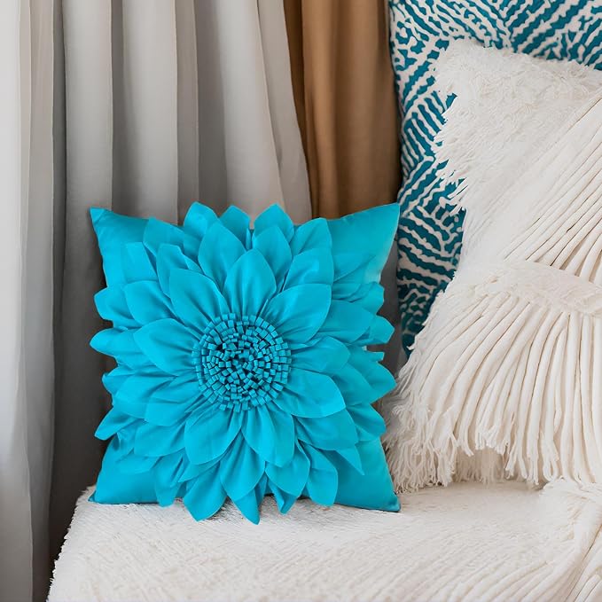 Teal Blue Accent Flower Decorative Throw Pillow Covers for Bed Sofa Couch | Bella's Giftshop Handmade Sunflower Taffeta Pillow Cases Living Room Bedroom Decor, 18x18 Inch