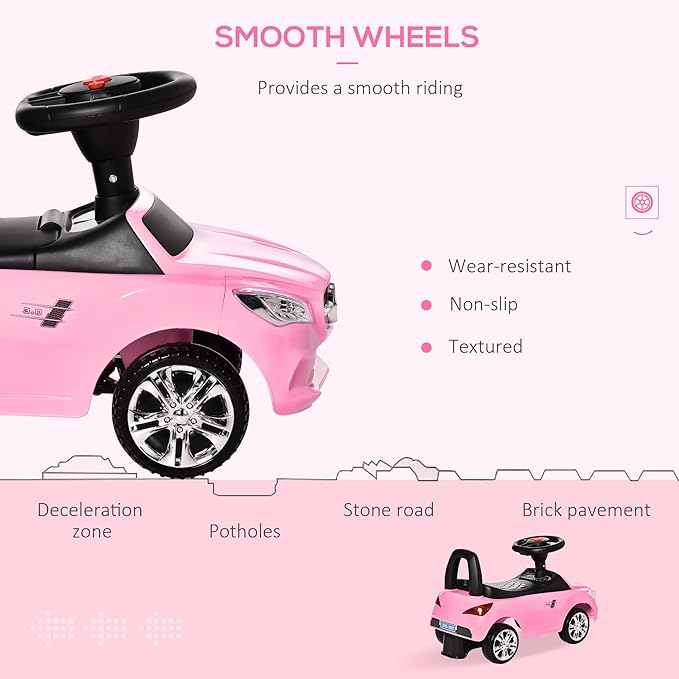 Aosom Kids Ride On Push Car, Foot-to-Floor Walking Sliding Toy Car for Toddler with Working Horn, Music, Headlights and Storage, Pink