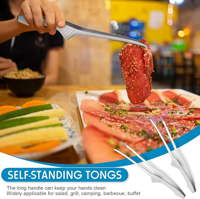 Patelai 2 Pieces Korean and Japanese BBQ Tongs Non Slip Cooking Utensils Stainless Steel Tongs for Serving Food, Salad, Camping, Barbecue, Buffet, Oven with Support Stand (Silver)