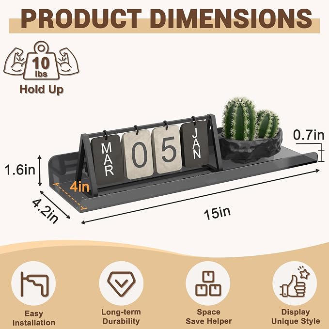 Qukaka Floating Shelves for Wall Decor, 15" Wall Shelves for Bedroom, Living Room, Kitchen, Bathroom Decor, Nail Polish/Book/Decoration/Makeup/Perfume Organizer Floating Shelf-3Pack Clear Black