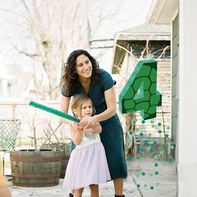 16 Inch Turtle Number 4 Pinata, Turtle Birthday Decorations, Turtle Theme Pinata with 16 Inch Stick Blindfold Confetti for Boy Girl Kids 4th Birthday Party Supplies(4th)