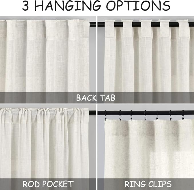 Nanspring Linen Curtains 40 Inch Length for Short Window - Small Semi Sheer Curtains for Cafe Kitchen Bedroom Rustic Farmhouse Decor Light Filtering Cream Curtain, 2 Panels