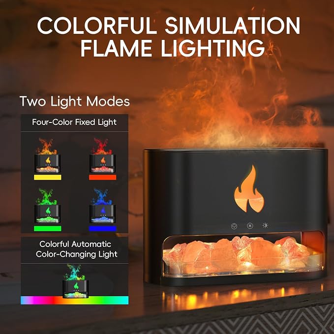 YALEDI Essential Oil Diffuser, Fireplace Flame Fire Oil Diffuser, 250ml Himalayan Salt Lamp Diffuser, Cool Mist Aromatherapy Humidifier with 7 Colors Light, Timer & Auto-Off for Home, Room (Black)