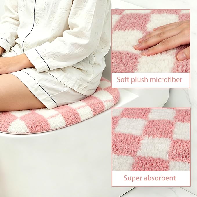 Retro Pink-and-White Checkered Bathroom Toilet Seat Cover Classic checkered toilet seat cover Machine-washable bathroom decor Fits most round, oval, and elongated (pink and white)