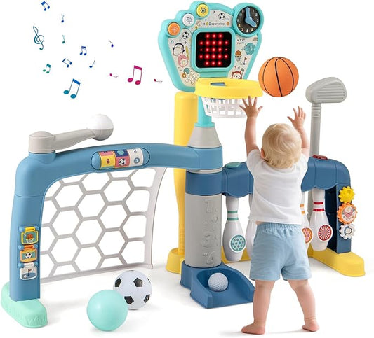 Costzon Toddler Basketball Hoop with Adjustable Height, 5 in 1 Basketball Bowling Baseball Soccer Golf Kids Activity Center, Toddler Sports Toy w/Lights & Sounds, Gift for Baby Boys Girls 18+ Months