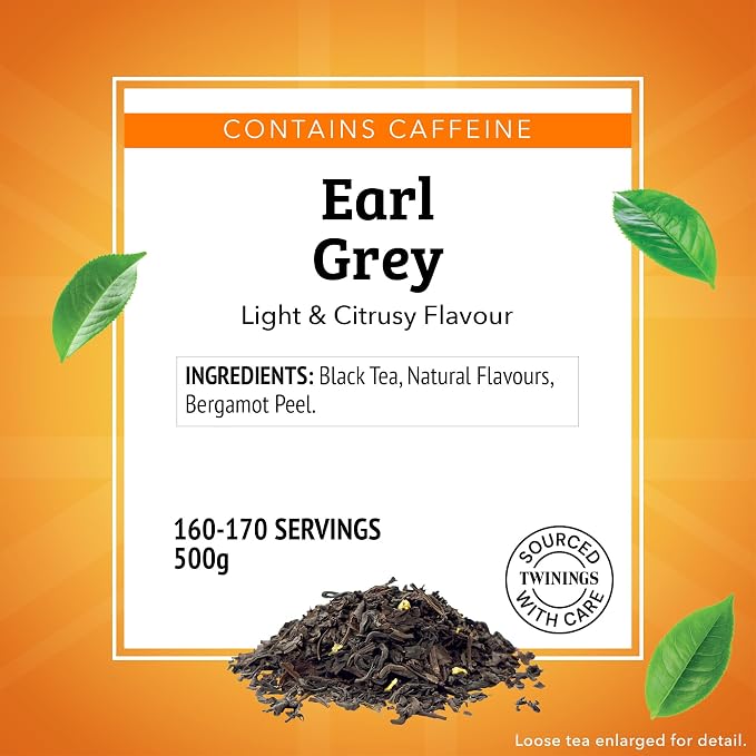 Twinings Earl Grey Loose Leaf Tea, 17.6 Ounces (500g) Resealable Pouch for Freshness (Pack of 1), Black Tea Leaves with Bergamot Peel, Smooth, Flavourful, Citrus, Caffeinated, Enjoy Hot or Iced