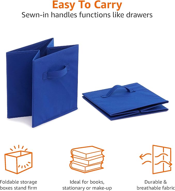 Amazon Basics Collapsible Fabric Storage Bins with Handles, Cube Organizer for Home Organization, 10.5"x10.5"x11", Navy, 6 Count (Pack of 5)