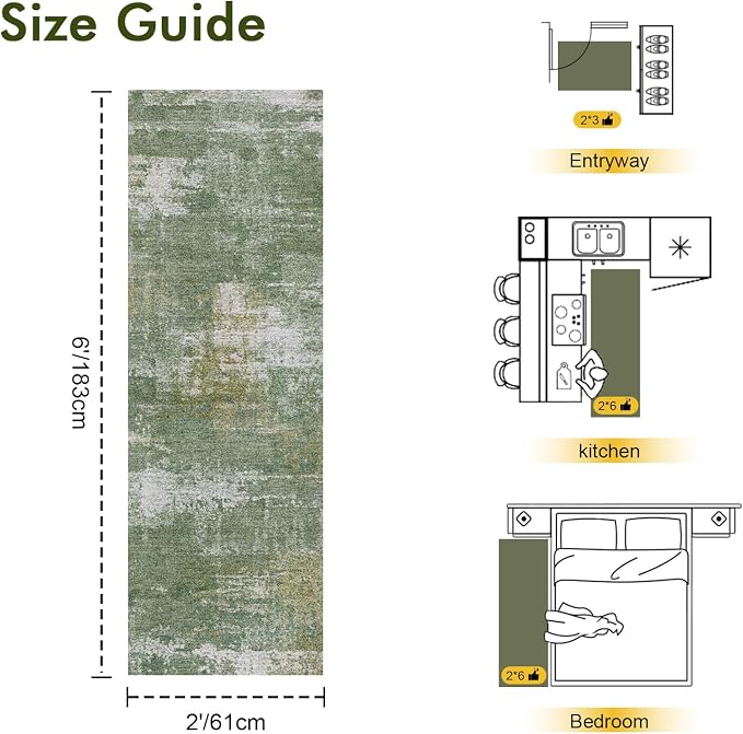 2x6 Ft Washable Runner Rug, Non-Slip Low Pile Hallway Kitchen Area Rug, Soft Long Entryway Floor Mat Abstract Pattern Carpet for Bedside & High-Traffic Areas (Green/White)