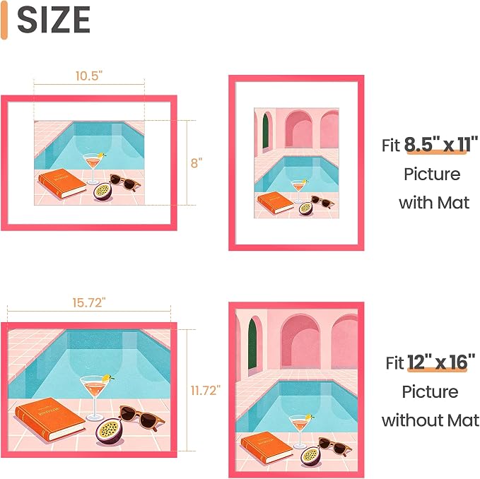 upsimples 12x16 Picture Frame, Display Pictures 8.5x11 with Mat or 12 x 16 Without Mat, Wall Hanging Photo Frame, Hot Pink, 1 Pack