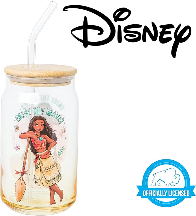 Silver Buffalo Disney Moana “Enjoy The Waves” Glass Tumbler with Bamboo Lid and Glass Straw, 16 Ounces